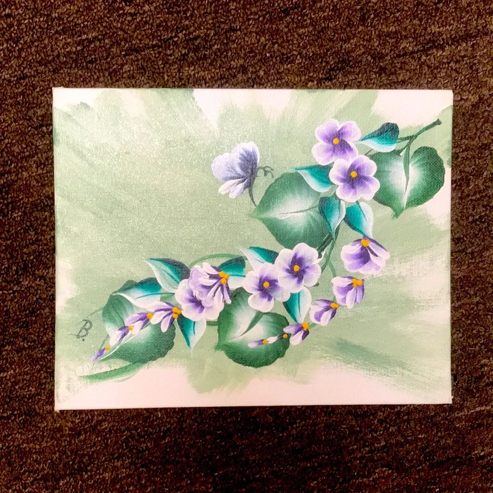 2 Original Signed Flowers‎ & Butterfly Acrylic Paintings on 8x10 Canvas Boards